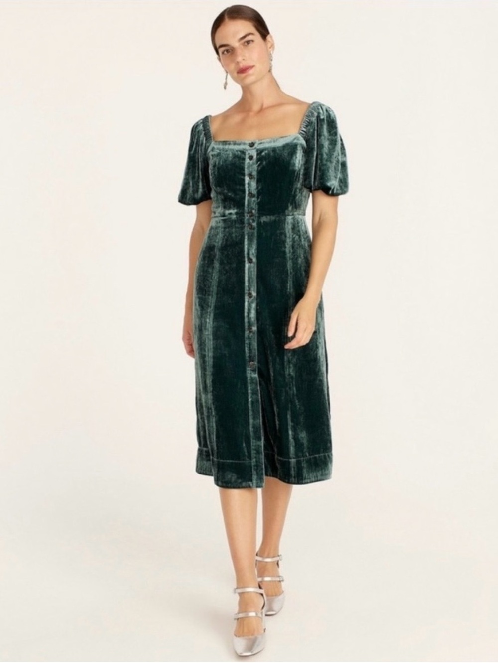 J.Crew NWT Velvet Square-Neck Midi Dress in Deep Green
